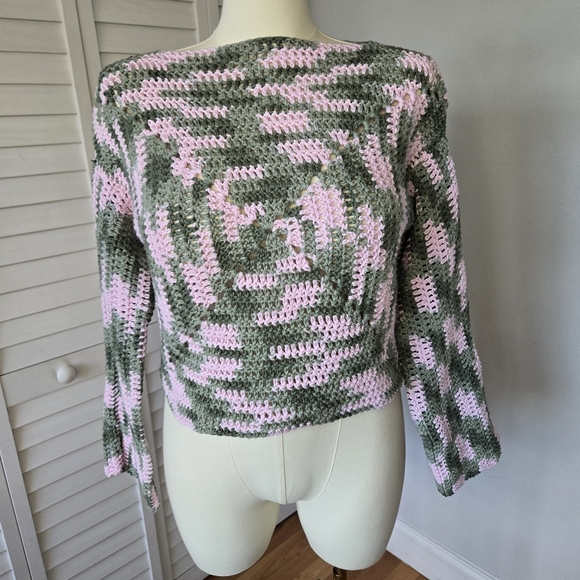 Handmade Green Pink Crochet Sweater Size M Bell Sleeve Boho Hippie Y2K Festival - Picture 1 of 9